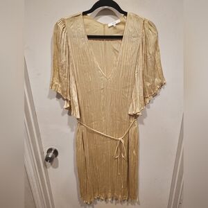 Vince NWT Women's Yellow Crushed Pleated Satin Midi Shift Dress Sz L Belted